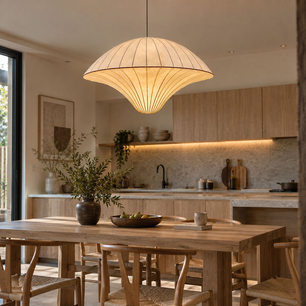 Silk Pendant Light – Sculptural Mid Century Modern Hanging Lamp
