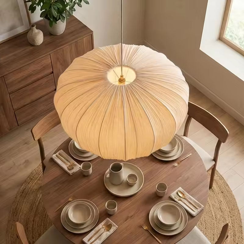Japanese Wabi Sabi Fabric Pendant Light – Pleated Dining Room Hanging Lamp