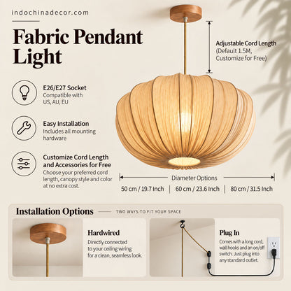 Japanese Wabi Sabi Fabric Pendant Light – Pleated Dining Room Hanging Lamp