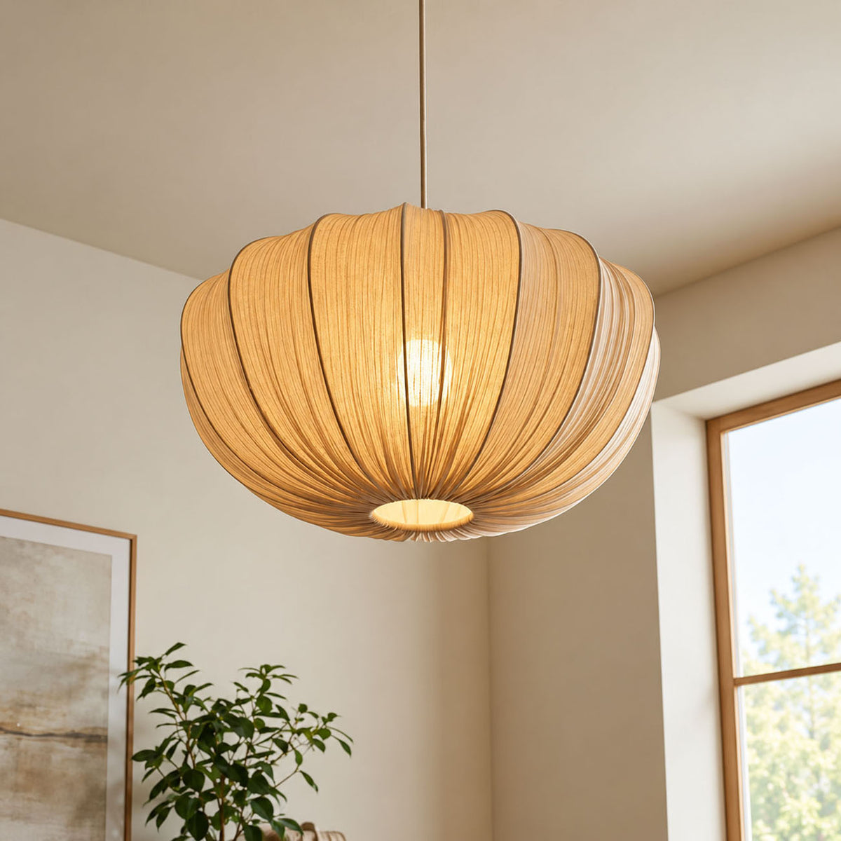 Japanese Wabi Sabi Fabric Pendant Light – Pleated Dining Room Hanging Lamp