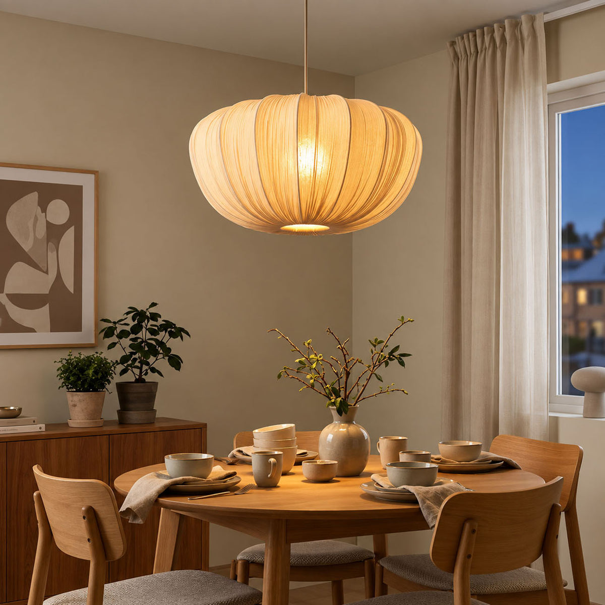 Japanese Wabi Sabi Fabric Pendant Light – Pleated Dining Room Hanging Lamp