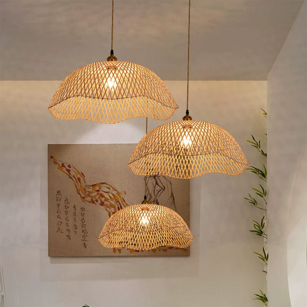 Bamboo Pendant Light – Handwoven Rattan Dome Hanging Lamp