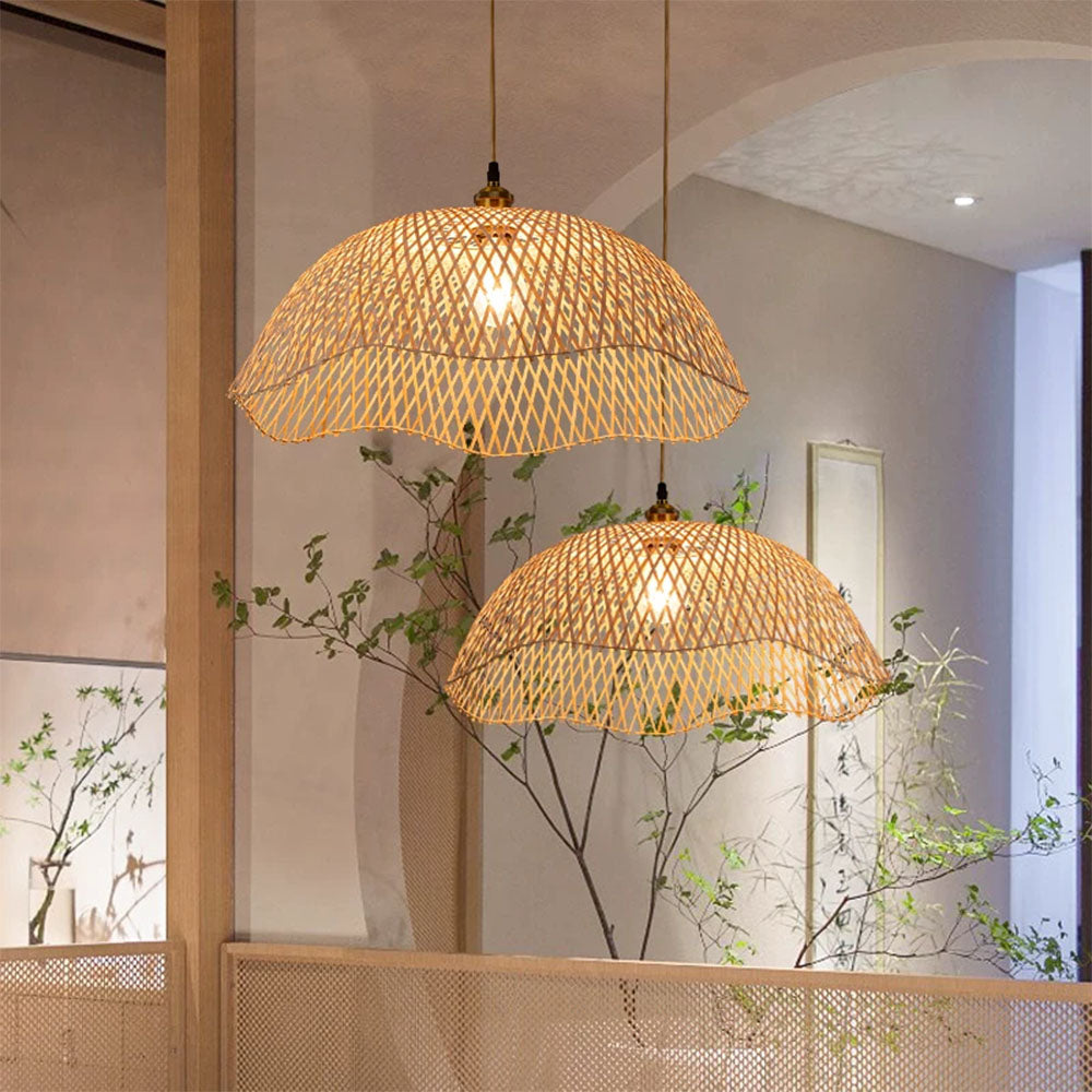 Bamboo Pendant Light – Handwoven Rattan Dome Hanging Lamp