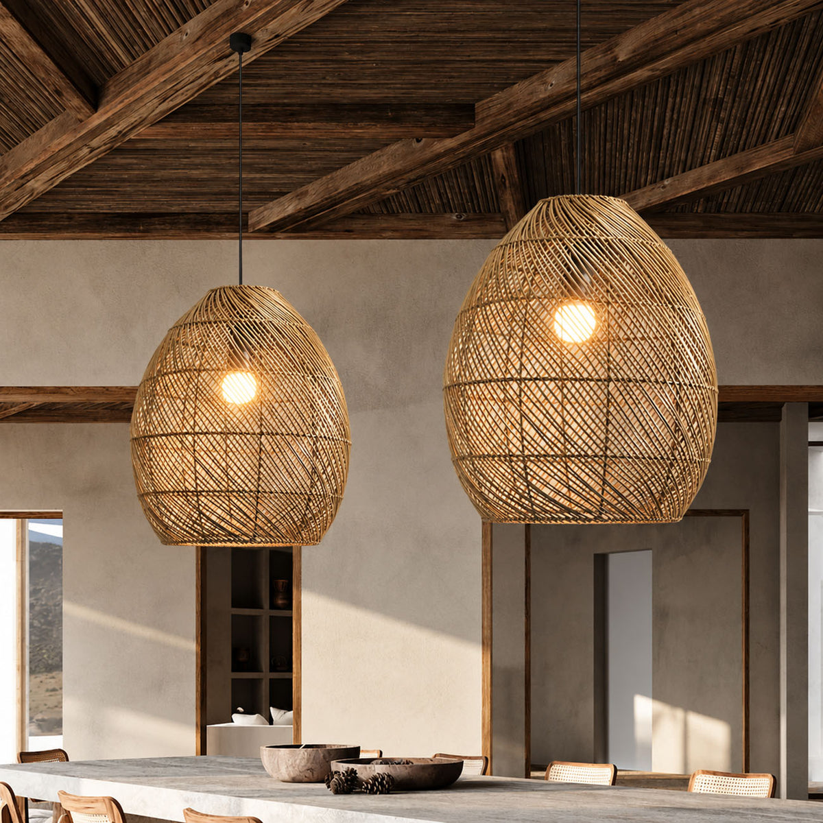 Handwoven Rattan Pendant Light – Boho Coastal Hanging Lamp