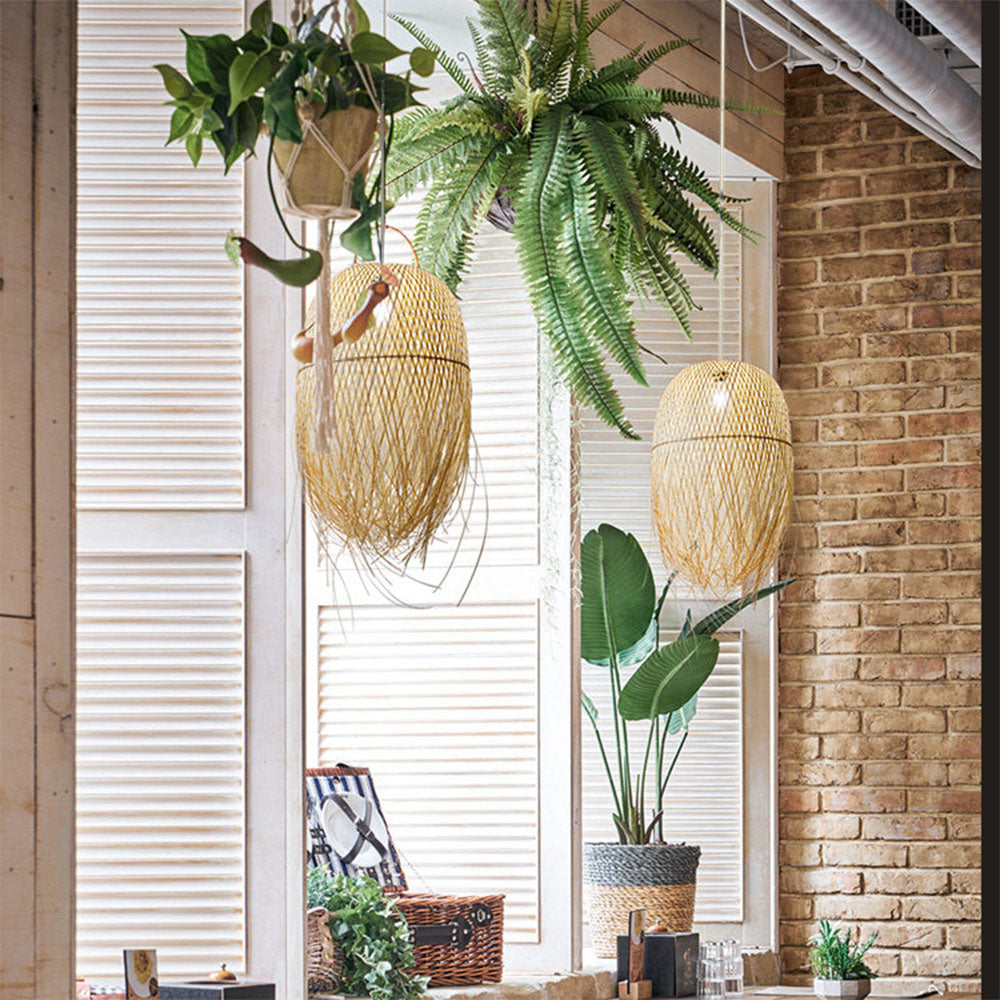 Handwoven Bamboo Pendant Light – Boho Woven Hanging Lamp