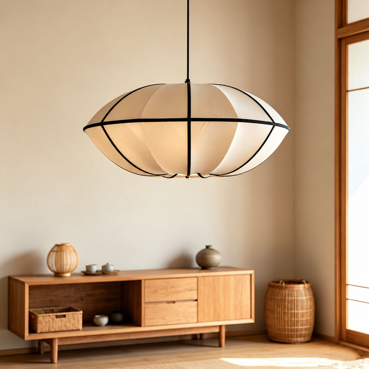 Japanese Lantern Pendant Light – Modern Wabi Sabi Fabric Hanging Lamp