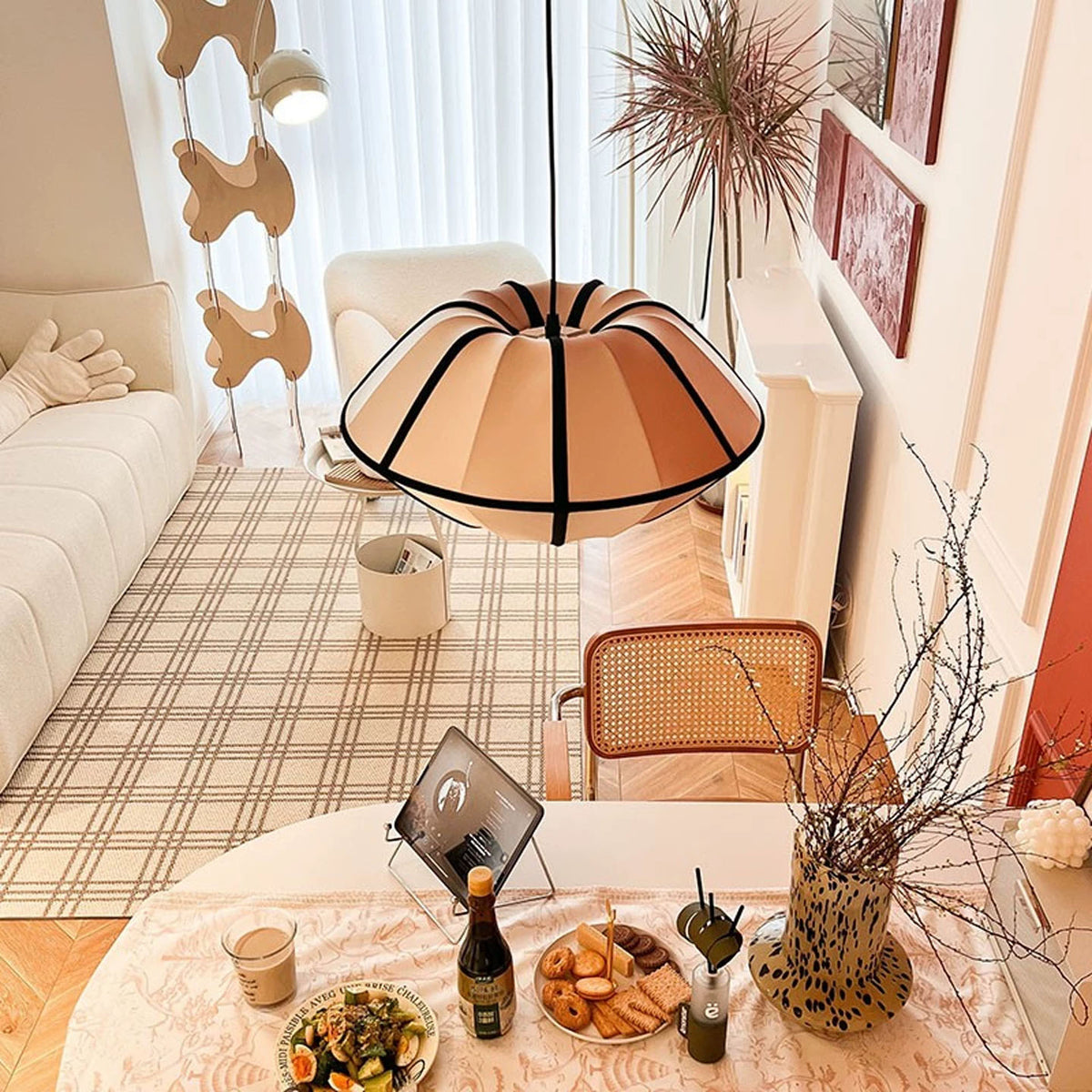 Japanese Lantern Pendant Light – Modern Wabi Sabi Fabric Hanging Lamp