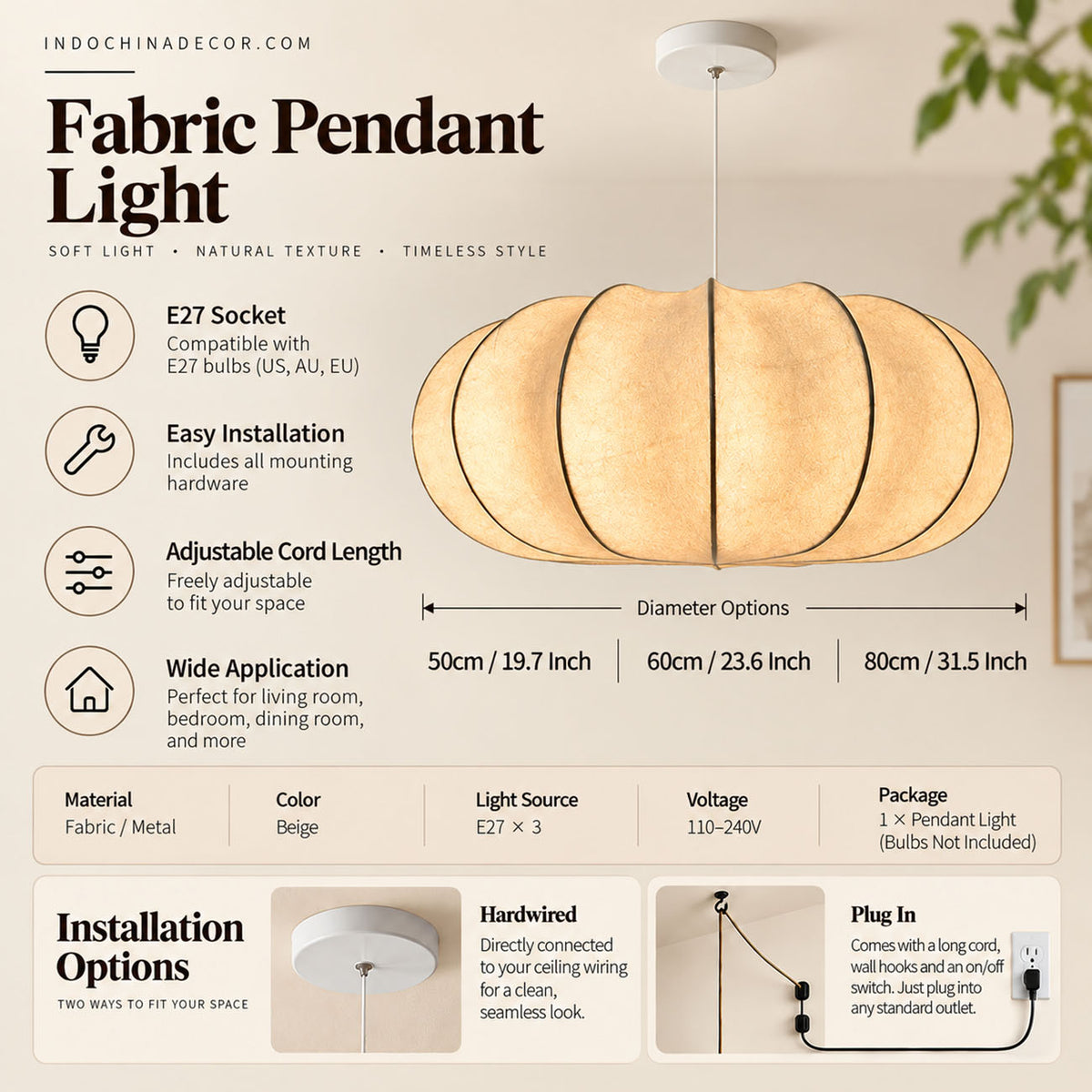 Japanese Wabi Sabi Fabric Pendant Light