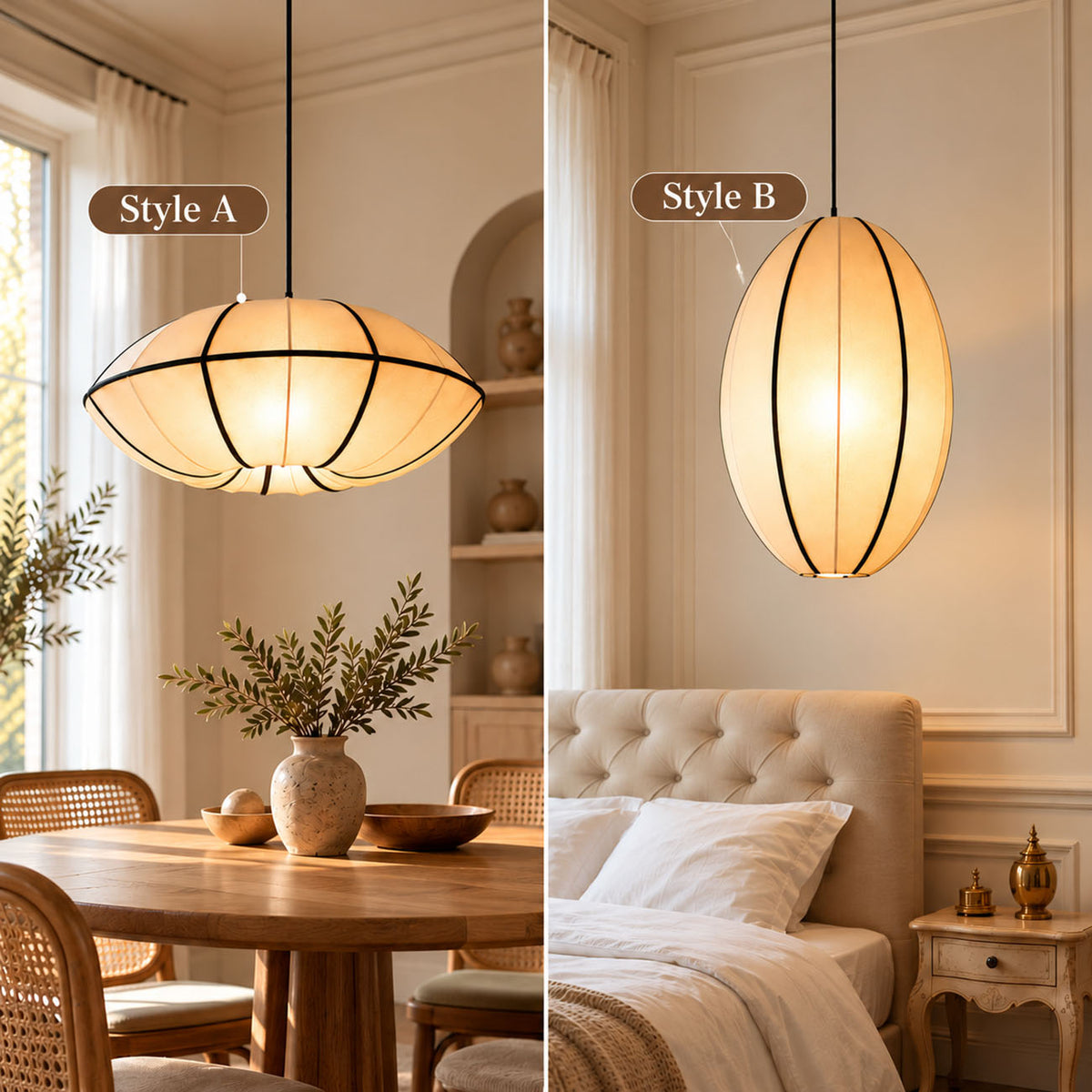 Japanese Lantern Pendant Light – Modern Wabi Sabi Fabric Hanging Lamp