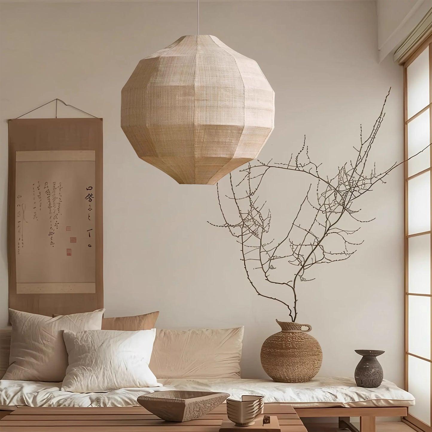 Linen Pendant Light – Japanese Wabi Sabi Lantern Hanging Lamp