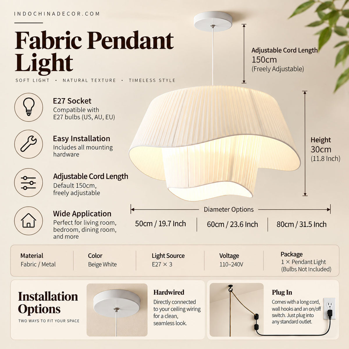Modern Pleated Fabric Pendant Light 