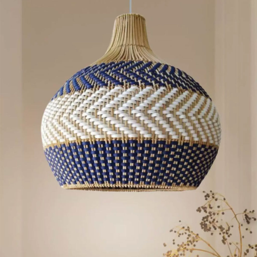 Blue & White Rattan Pendant Light - Bohemian Ceiling Lamp – indochinadecor