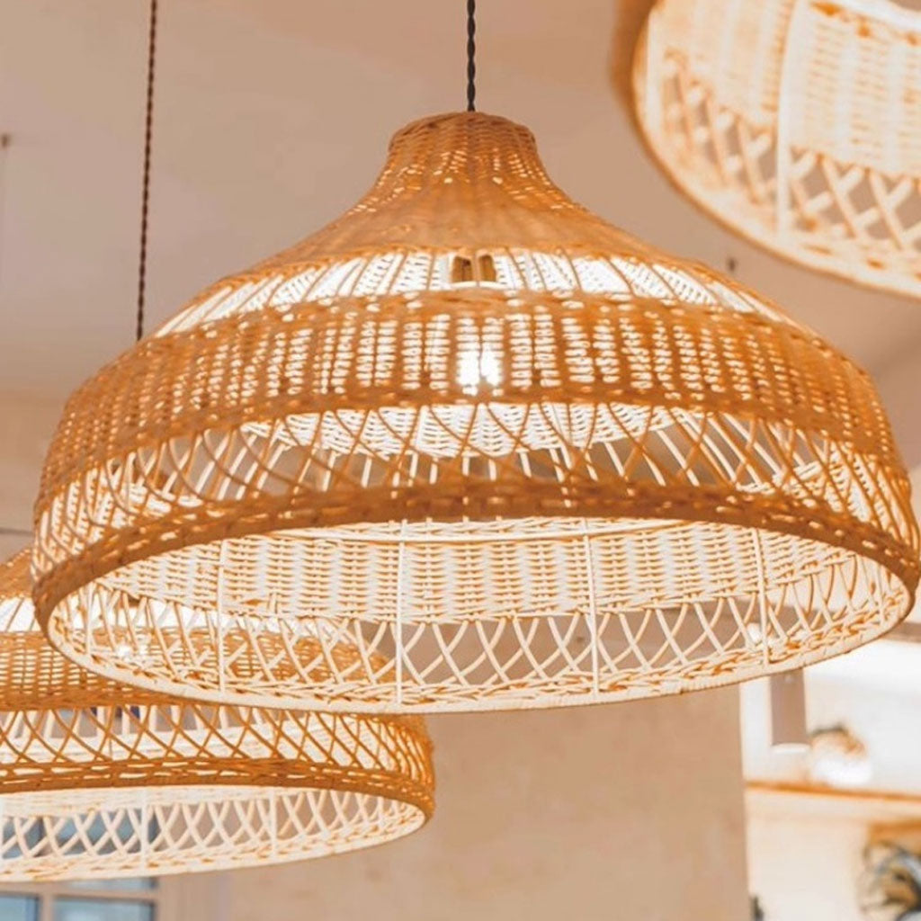 rattan chandelier, bamboo lampshades